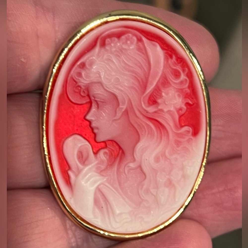 Vintage Cameo left facing Red and White Brooch - Picture 6 of 7